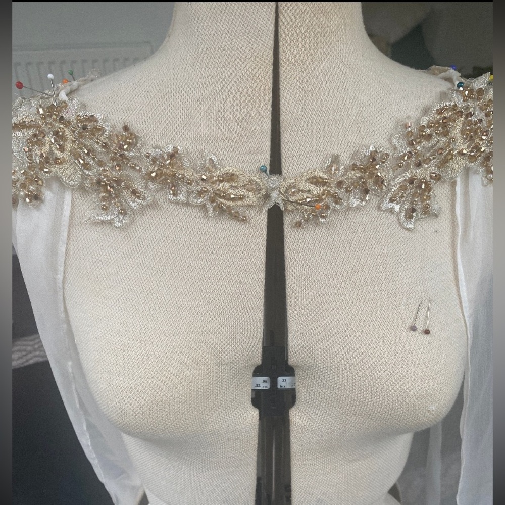 Handmade Bridal Veil Shoulder Cape w/ Gold and Silver Crystal Beads and Lace